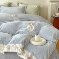 高端A类牛奶绒刺绣床单四件套加厚珊瑚法兰绒被套超柔软床上用品4