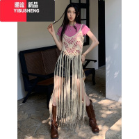 YIBUSHENG季2024新款时尚设计感手工钩织流苏波西米亚风吊带外衫连衣裙女