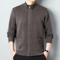 秋冬新款男士针织开衫毛衣加厚保暖拉链高领纯色中年开衫外套_91