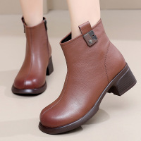 软底妈妈鞋粗跟中跟加绒短靴女防滑复古秋冬季皮鞋女保暖棉鞋