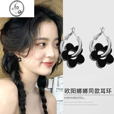 JiMi黑色花朵耳环女甜酷耳圈时尚小众设计高级感耳钉气质网红耳坠耳饰