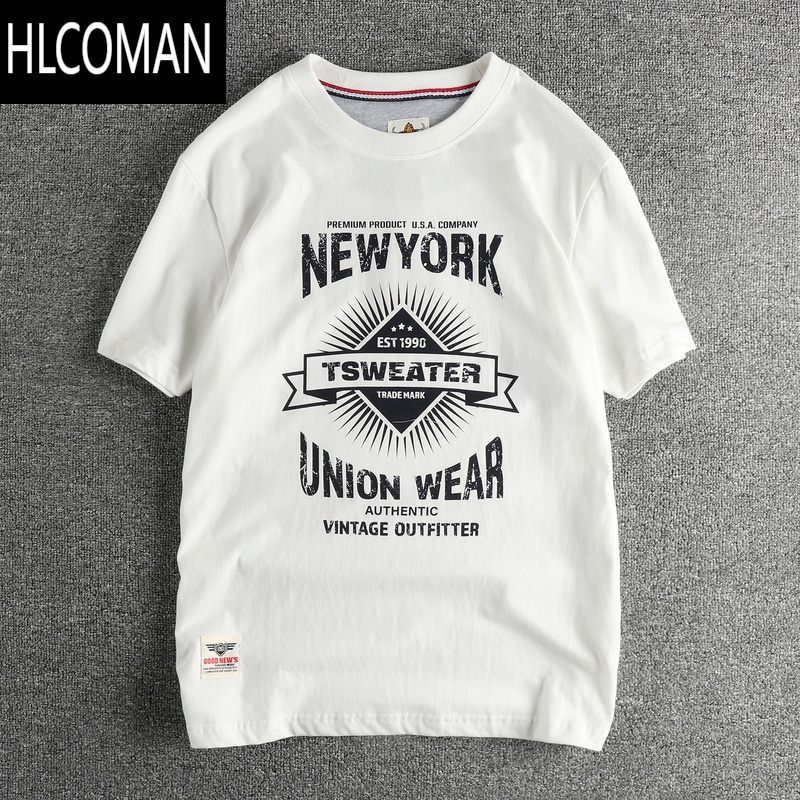 HLCOMAN美式街头复古风vintage字母印花短袖T恤男 水洗男女潮流半袖