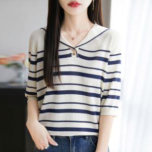 高品质天丝莱赛尔针织短袖女海军领条纹撞色翻领气质百搭上衣