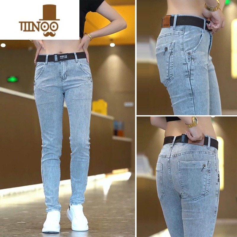 YANXU高端浅色牛仔裤男款潮牌韩版修身小脚休闲弹力男士长裤子夏季薄款