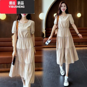 YIBUSHENG短袖连衣裙女中长款高级感卡其2024现款季宽松显瘦收腰雪纺裙子