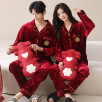 【囍】结婚新婚红情侣套装冬季加绒加厚保暖翻领开衫法兰绒家居服