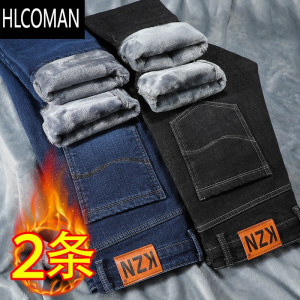 HLCOMAN款弹力加绒加厚男士牛仔裤男直筒宽松休闲大码工作高腰男裤子
