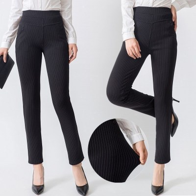新款中老年妈妈春秋小脚直筒条纹长裤中年女装打底裤弹力高腰大码