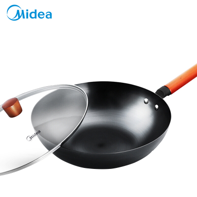 美的（Midea）32CM炒锅老式家用炒菜精铁不锈铁锅电磁炉燃气灶煤气灶适用小炒菜锅专用健康无涂层32CM精铁无涂层