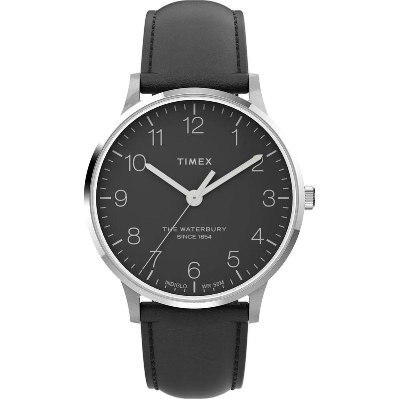 Timex /天美时Waterbury经典复古黑面白盘皮带防水腕表