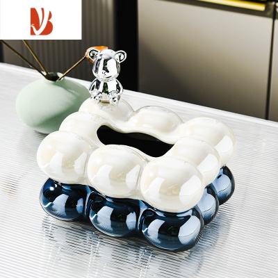 三维工匠高级感陶瓷纸巾盒家用轻奢客厅茶几收纳摆件创意餐巾纸抽纸盒 棉花糖半色纸巾盒-[灰蓝色+小熊]