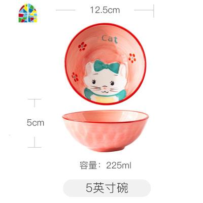 日式卡通手绘餐具套装家用创意个性陶瓷碗碟单个可爱少女心 FENGHOU 小花猫米饭碗(5寸)