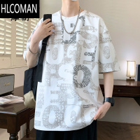 HLCOMAN大码短袖t恤男士夏季潮牌满印半袖宽松加肥加大胖子休闲男装