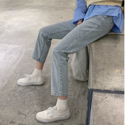 苏芈浅色牛仔裤女直筒chic春季2021新款高腰显瘦九分裤学生烟管裤ins