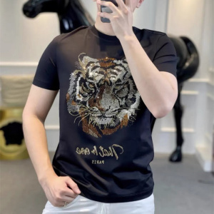 重工烫钻老虎头短袖T恤男士上衣时尚修身潮流半袖圆领打底衫潮ins