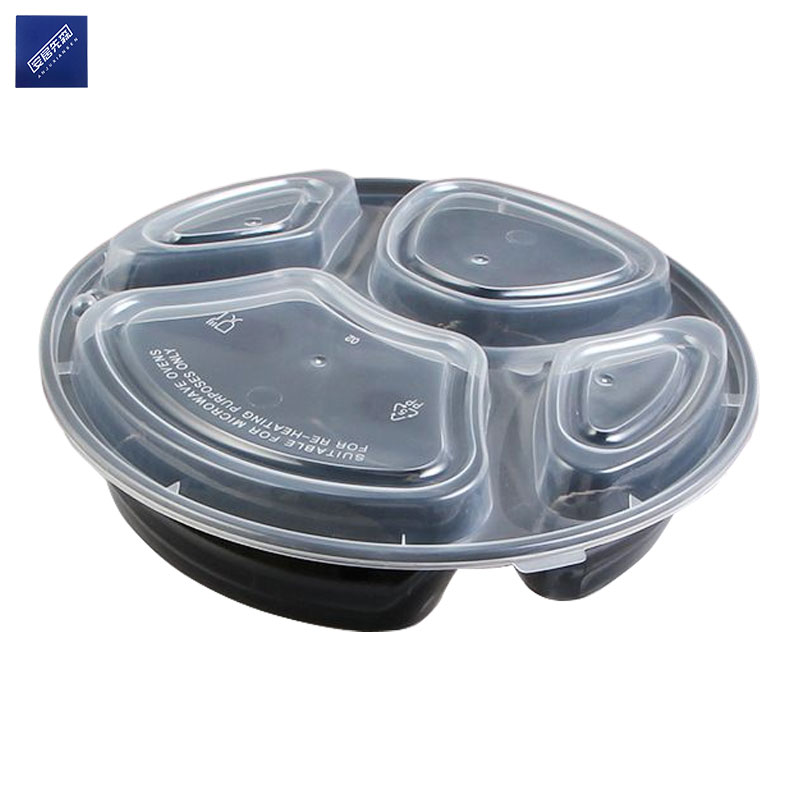 安居先森美式加厚带盖四格圆餐盒1000ml 150套/箱 黑色(箱)