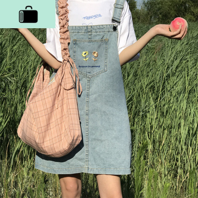 2020新款潮日系格子单肩包包少女慵懒风抽绳斜挎包女大容量帆布袋NEW LAKE女士单肩包