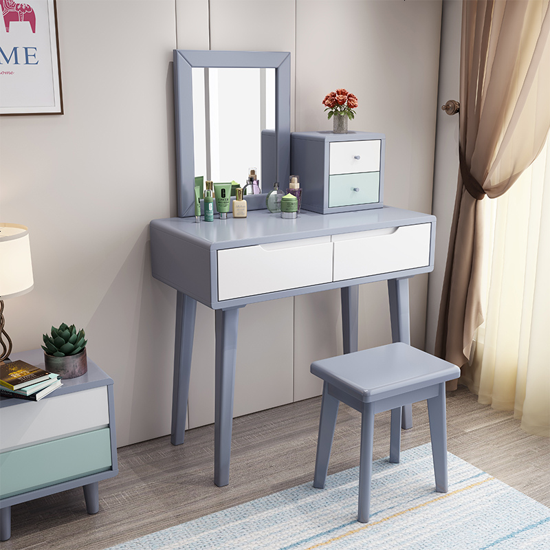 北欧实木梳妆台卧室化妆桌现代简约化妆台ins小户型带镜子
