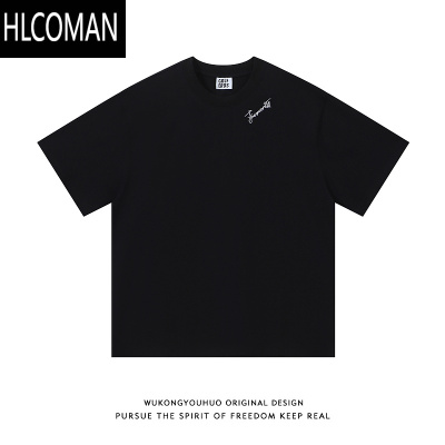HLCOMAN潮牌美式简约刺绣圆领短袖T恤男女夏季宽松情侣半袖体恤