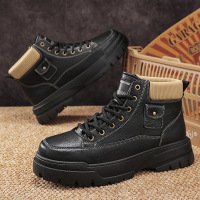 皮面马丁靴男士复古英伦工装皮鞋高帮时尚厚底增高男鞋秋冬季