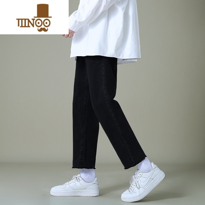 YANXU2023夏季黑色牛仔裤男款港风宽松直筒毛边九分裤潮牌高街男士裤子