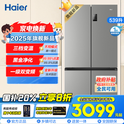 海尔(Haier)539L大容量三档变温黑金净化一级双变频WIFI智能联网旗舰新品 BCD-539WGHTDEDH9U1