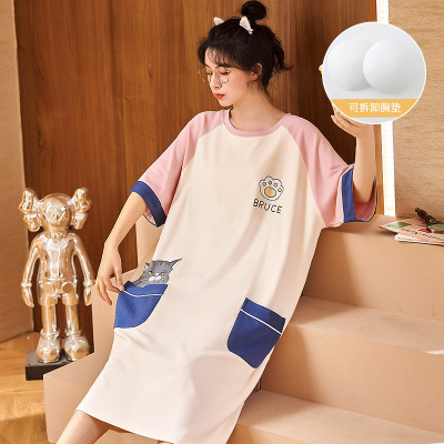 带胸垫睡衣女士夏季短袖睡裙韩版可爱卡通新款可外穿连衣裙家居服_60