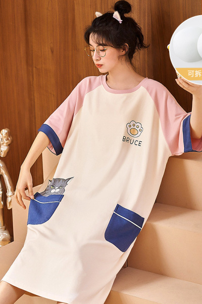 带胸垫睡衣女士夏季短袖睡裙韩版可爱卡通新款可外穿连衣裙家居服_60